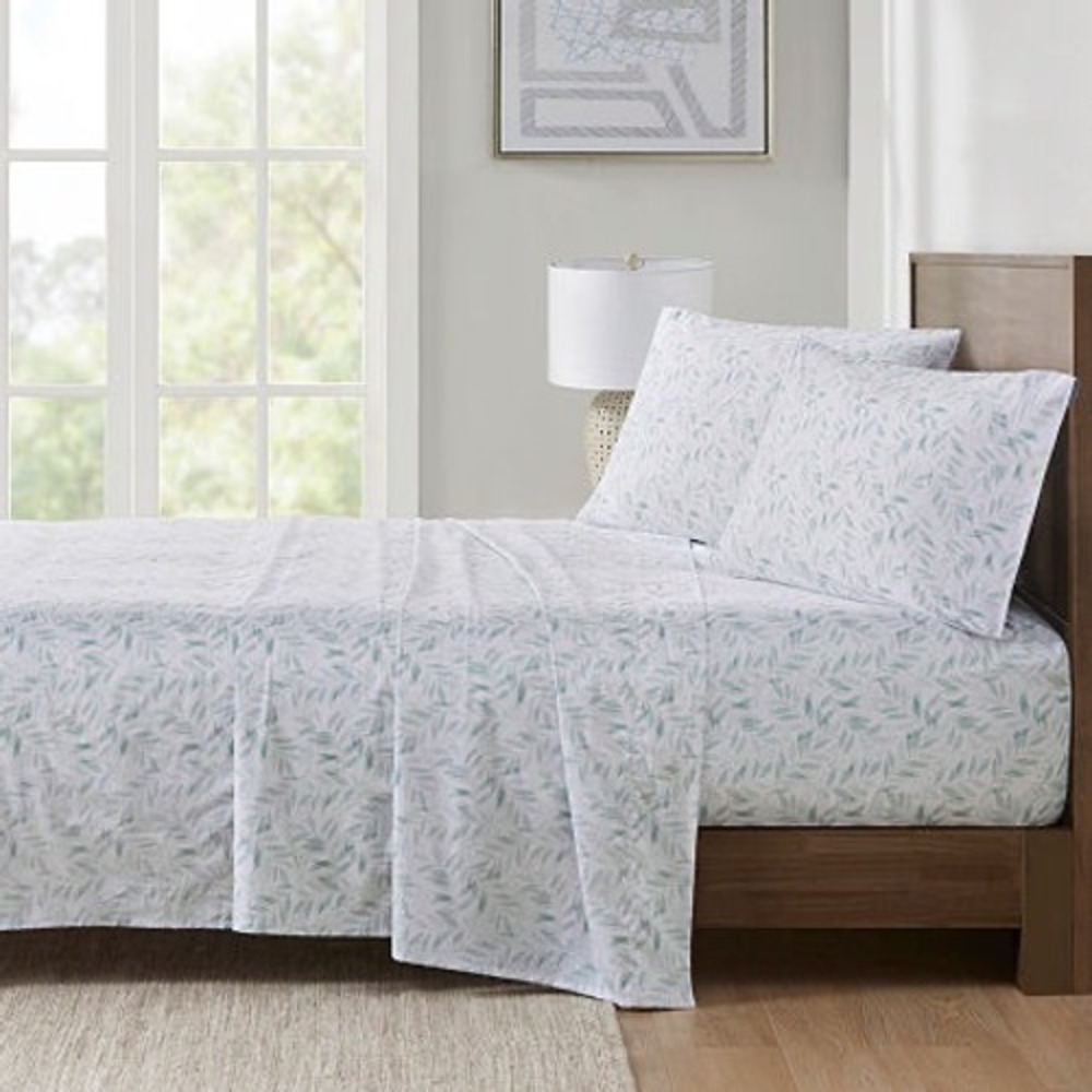 Madison Park Essentials Printed Cotton Percale 4Pc Sheet Set King - Green Leaves
